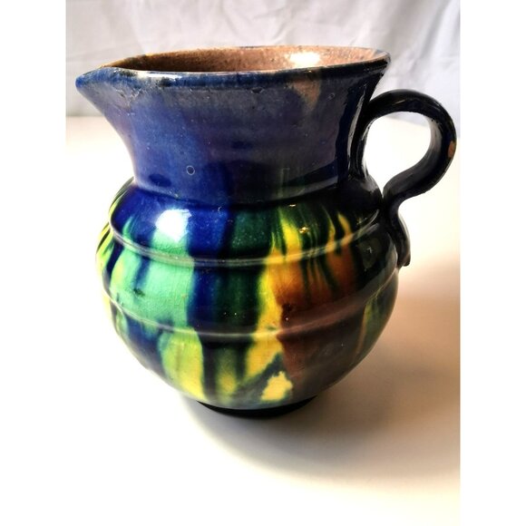 Vtg Art Pottery Pitcher Blue Green Yellow Drip Glaze Jug MCM Fat Lava Style - Picture 1 of 10